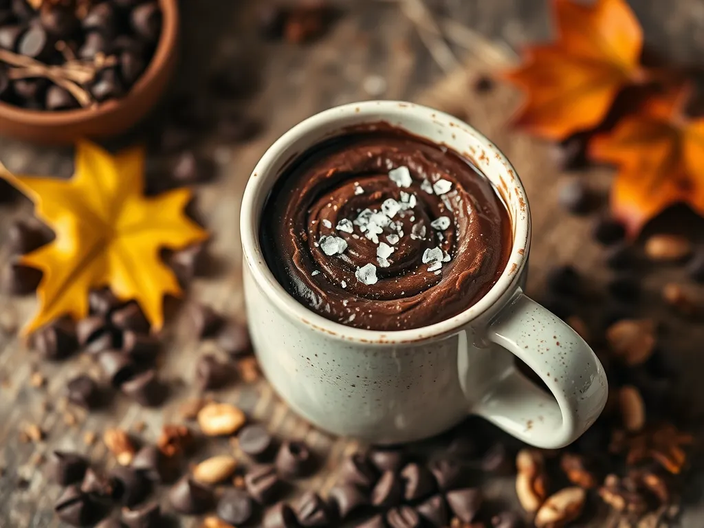 A mug filled with rich microwave brownie batter topped with sea salt, surrounded by coffee beans and autumn leaves.