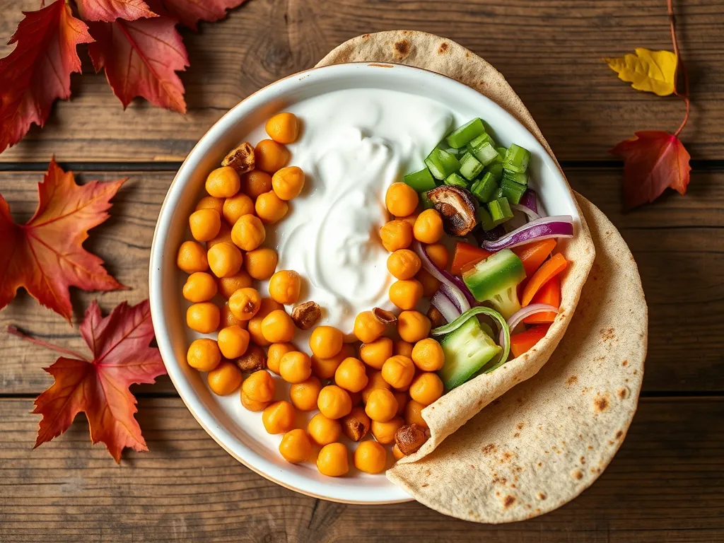 2-Minute Microwave Buffalo Chickpea Wrap with chickpeas, vegetables, and yogurt