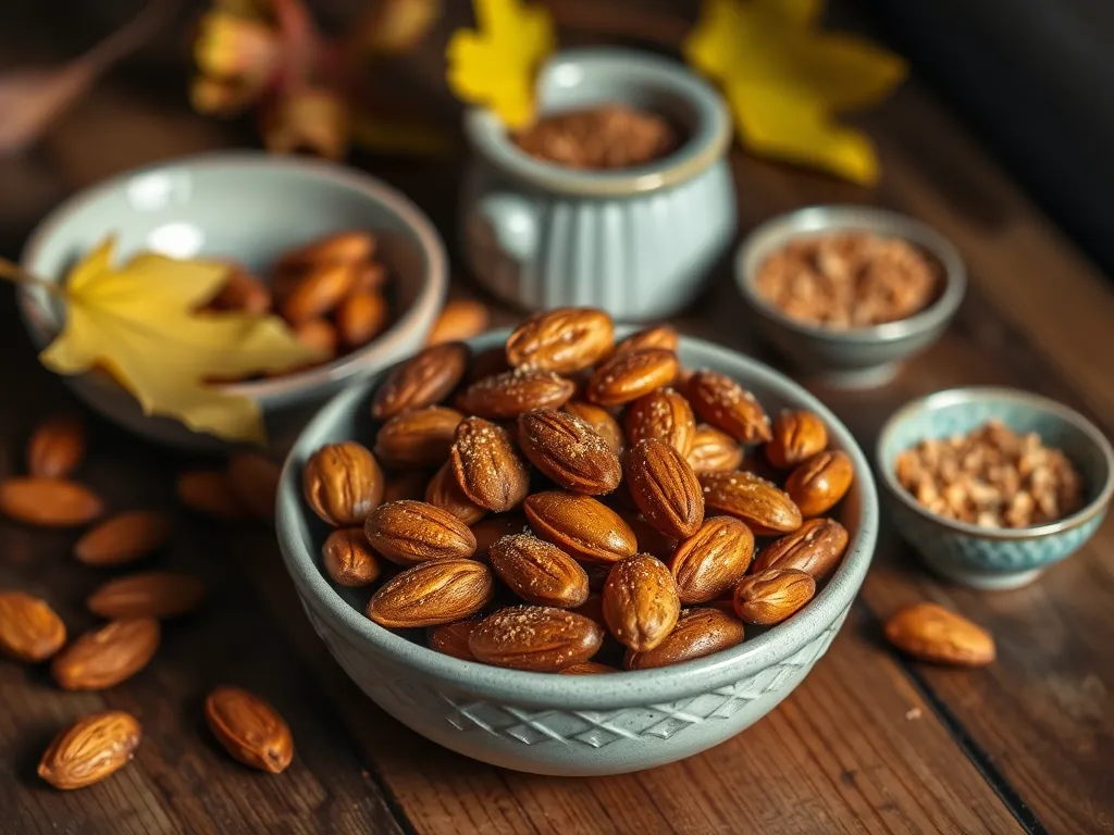 A bowl of delicious quick microwave Cajun almonds surrounded by spices and ingredients