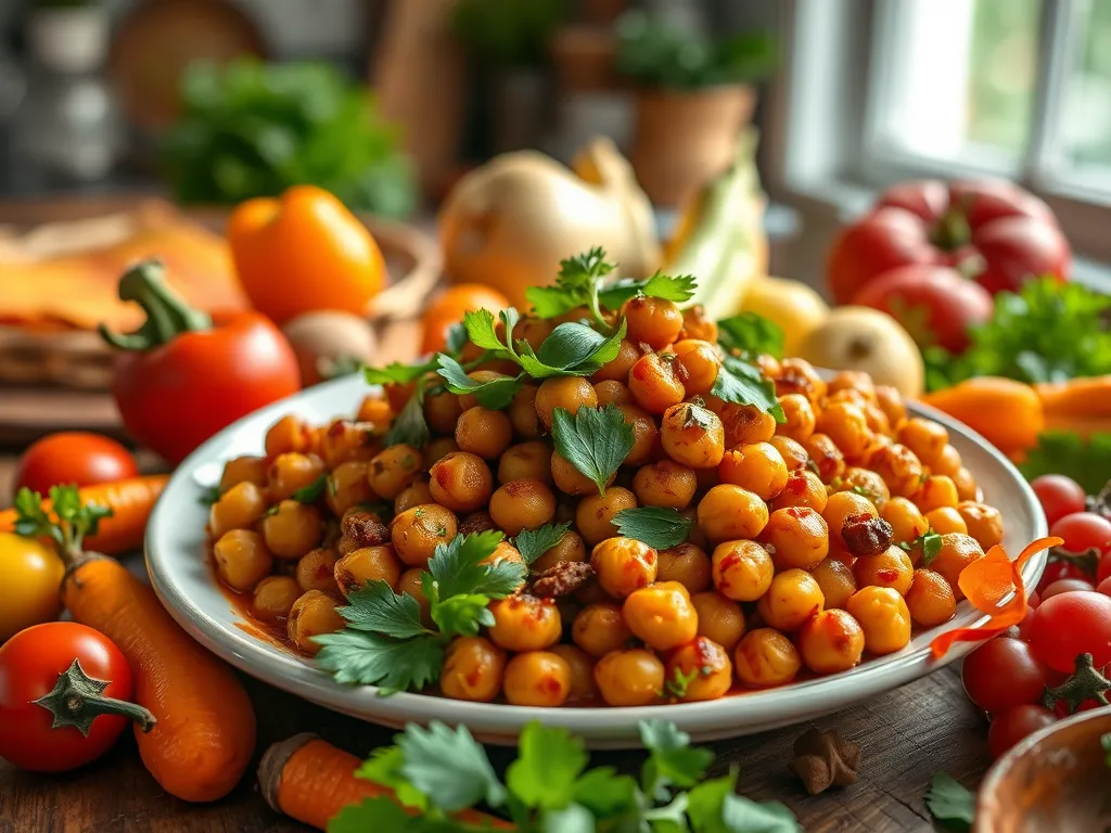 Plate of microwave Cajun chickpeas garnished with fresh herbs, surrounded by fresh vegetables.