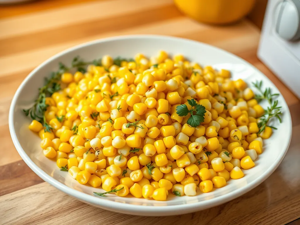 Delicious Cajun corn prepared quickly in a microwave, showcasing yellow corn kernels garnished with herbs.