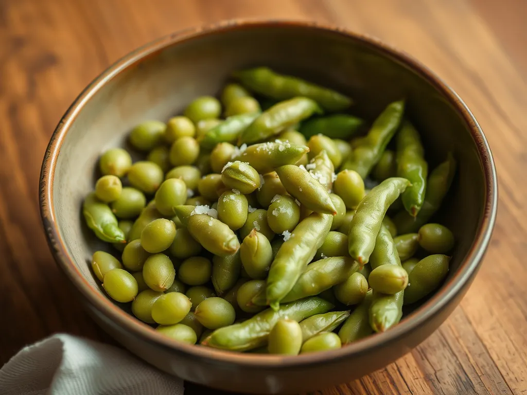 Bowl of microwave Cajun edamame with seasoning