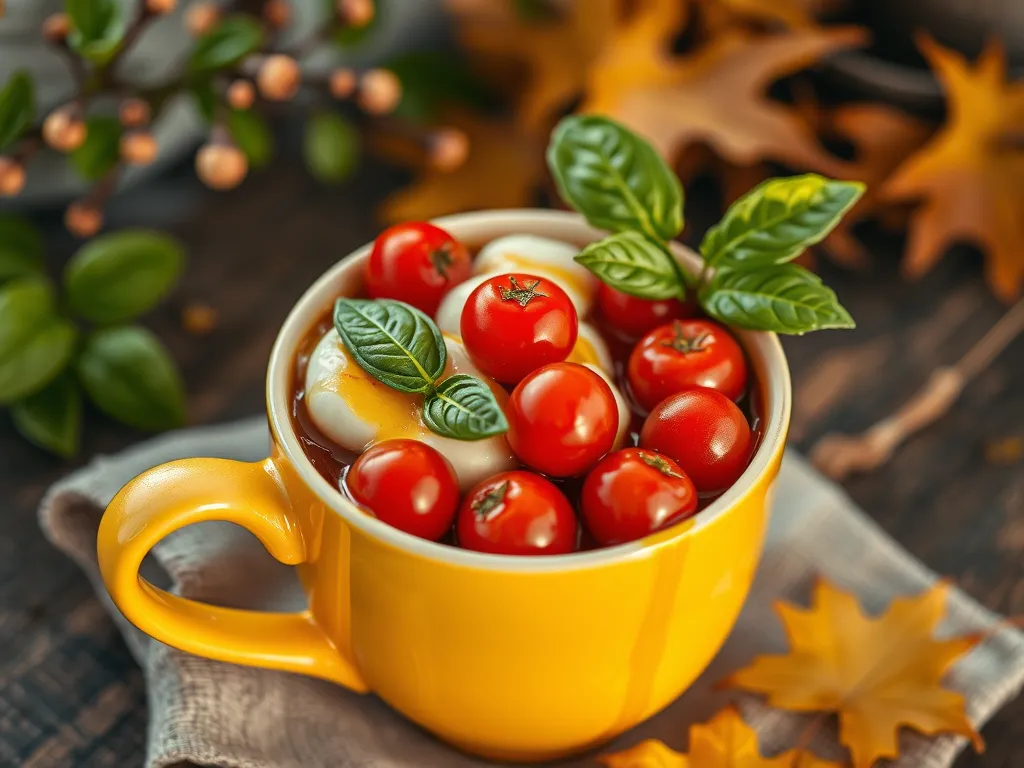 Microwave caprese salad mug featuring fresh tomatoes, mozzarella, and basil leaves.