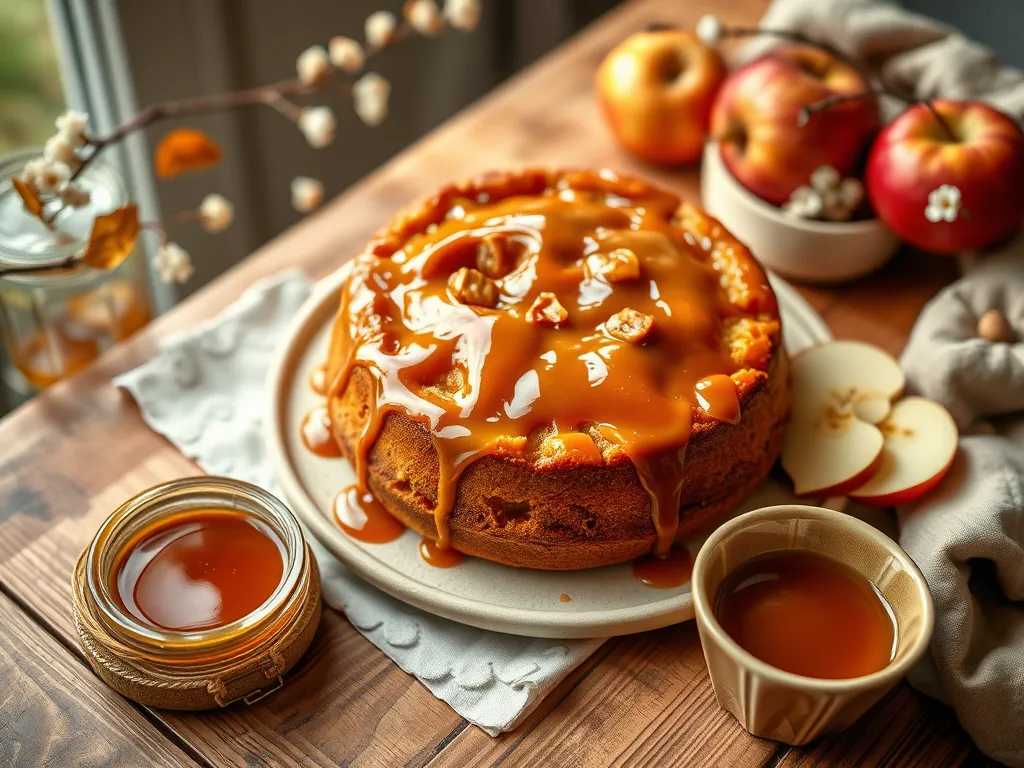 Delicious microwave caramel apple cake topped with caramel sauce and fresh apples