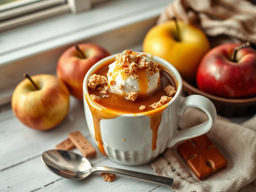 Delicious microwave caramel apple mug topped with ice cream and caramel drizzle.