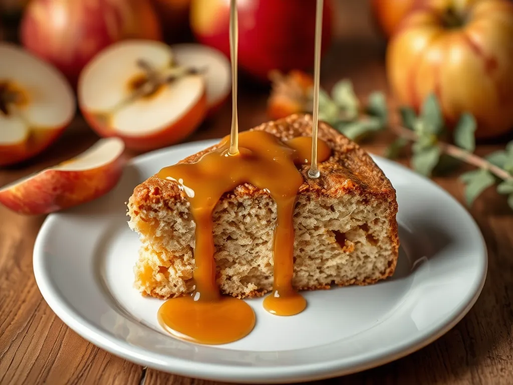 Delicious slice of microwave caramel latte cake drizzled with caramel sauce