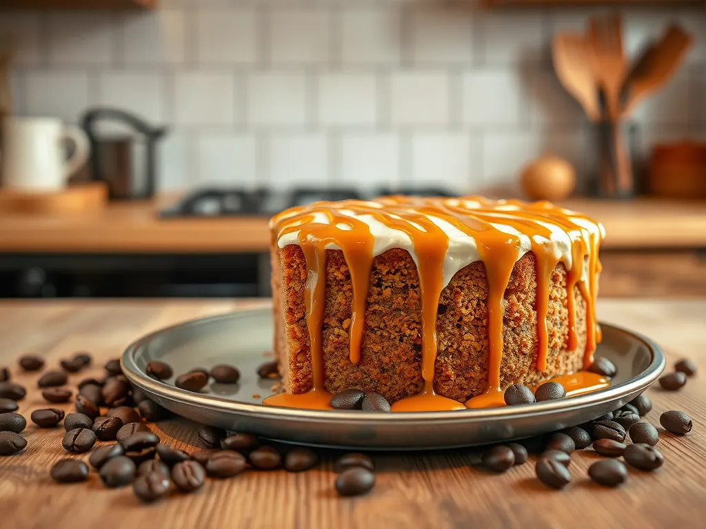 Delicious microwave caramel macchiato cake topped with caramel drizzle and coffee beans