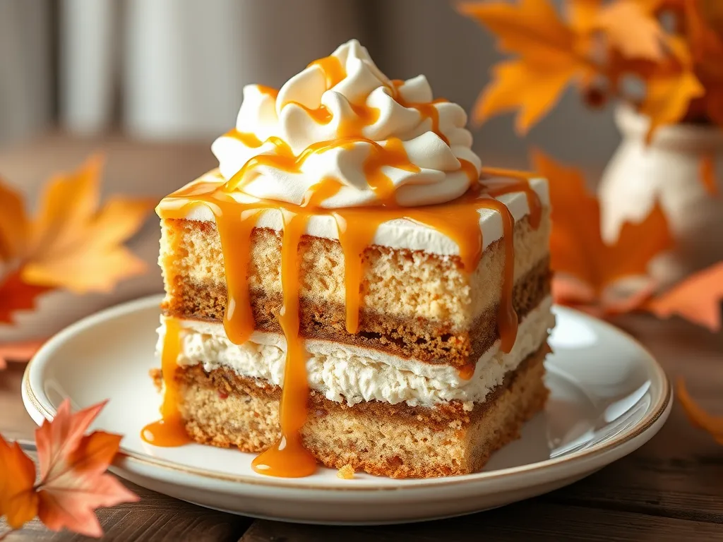 Delicious microwave caramel macchiato cake topped with whipped cream and caramel sauce.