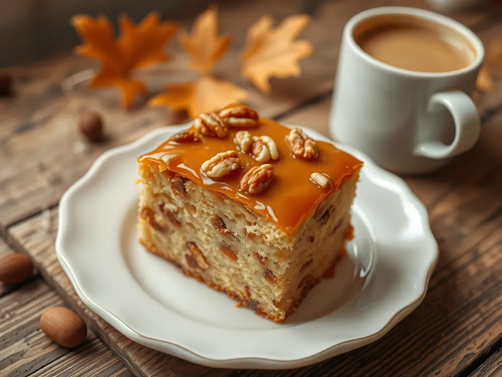 Delicious slice of microwave caramel nut cake topped with caramel and nuts