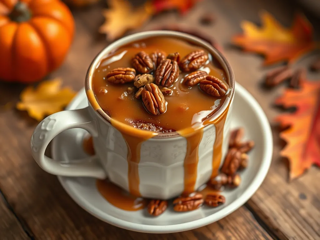 Delicious microwave caramel pecan cake topped with caramel and pecans