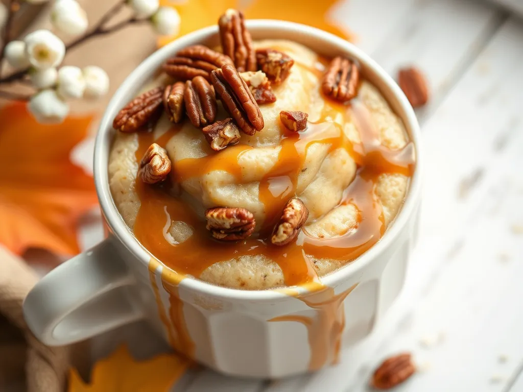 Delicious microwave caramel pecan mug topped with caramel and pecans