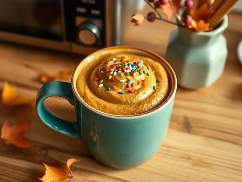 Delicious 2-minute microwave carrot cake mug topped with colorful sprinkles.