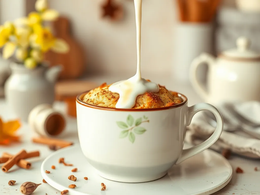 A close-up of a 2-Minute Microwave Chai Latte Mug Cake with creamy frosting