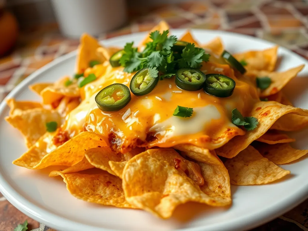 Plate of cheesy nachos made in the microwave topped with jalapeños and cilantro.
