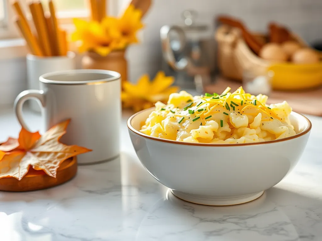Delicious 2-minute microwave cheesy scrambled eggs in a bowl, perfect for a quick meal.