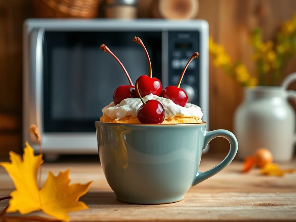 Delicious microwave cherry almond mug cake topped with cherries and whipped cream.