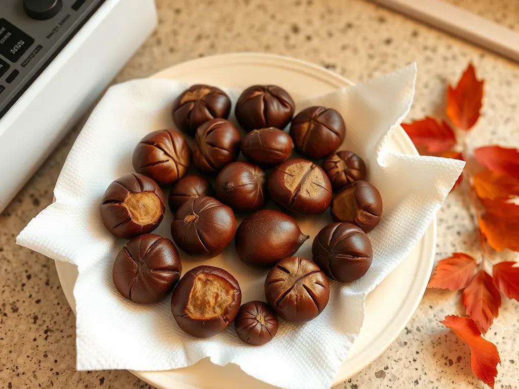 Plate of roasted chestnuts prepared in the microwave, showing the cracks on the surface.