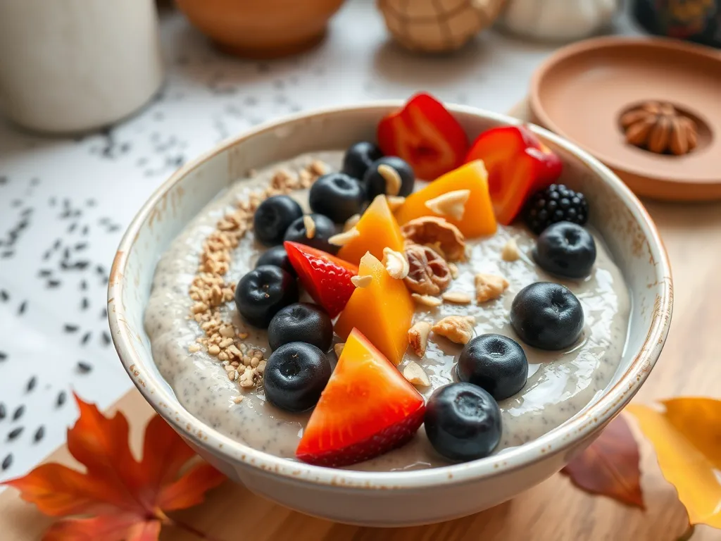 Delicious 2-Minute Microwave Chia Pudding topped with fresh fruits and nuts