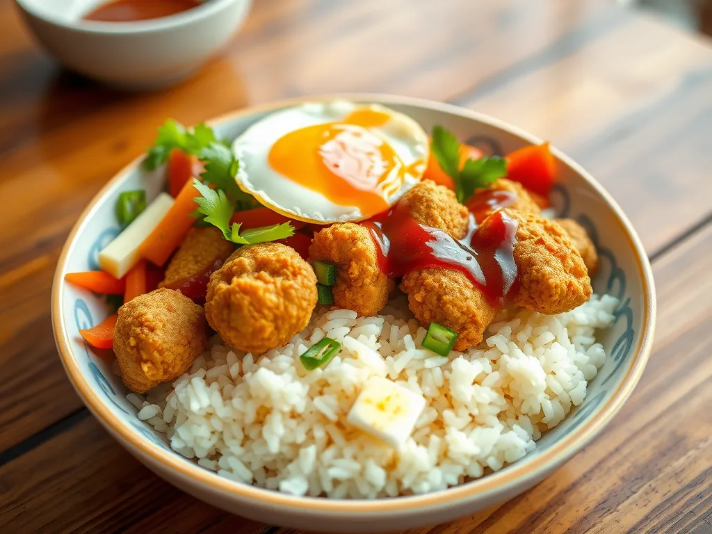 Delicious lazy microwave frozen chicken nugget and rice bowl with vegetables and egg