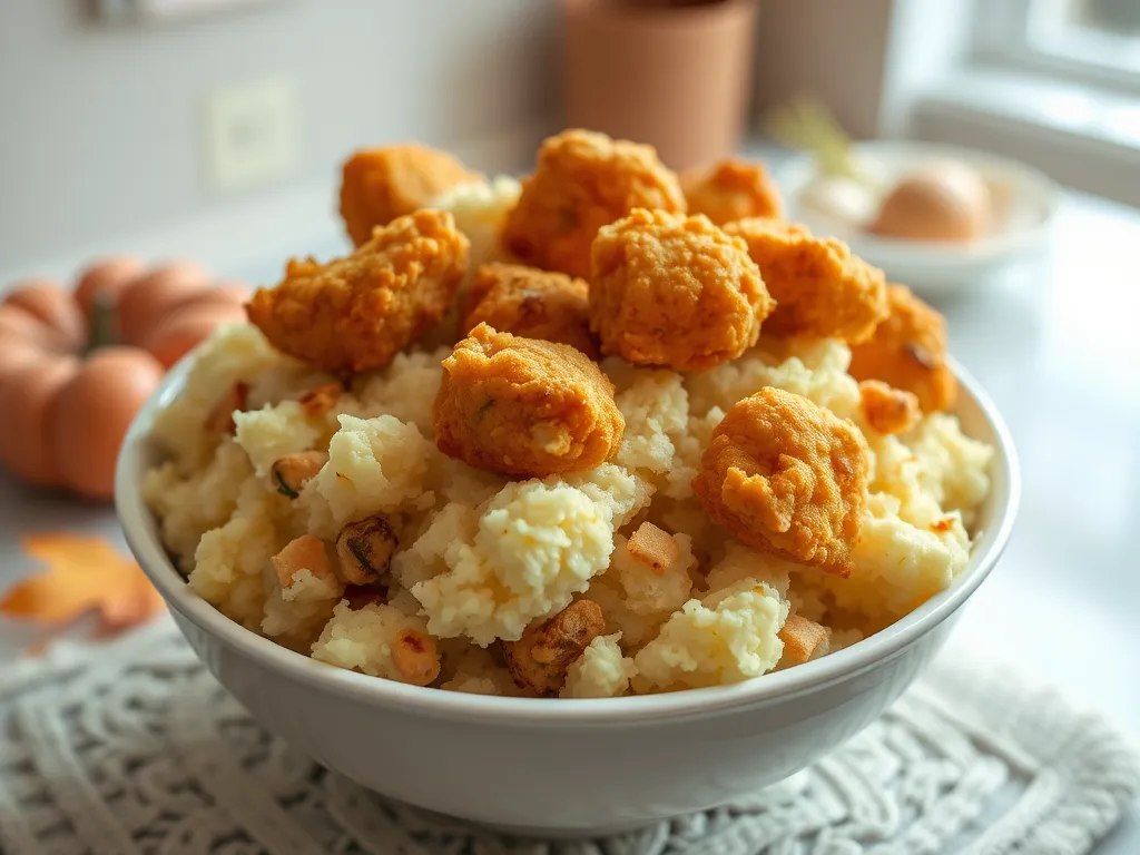 Delicious microwave chicken nuggets served on a bed of stuffing in a bowl