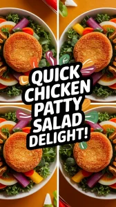Delicious lazy microwave frozen chicken patty salad with fresh vegetables.