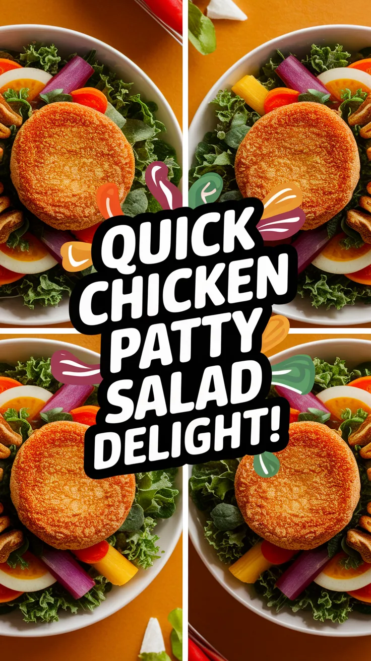 Delicious lazy microwave frozen chicken patty salad with fresh vegetables.