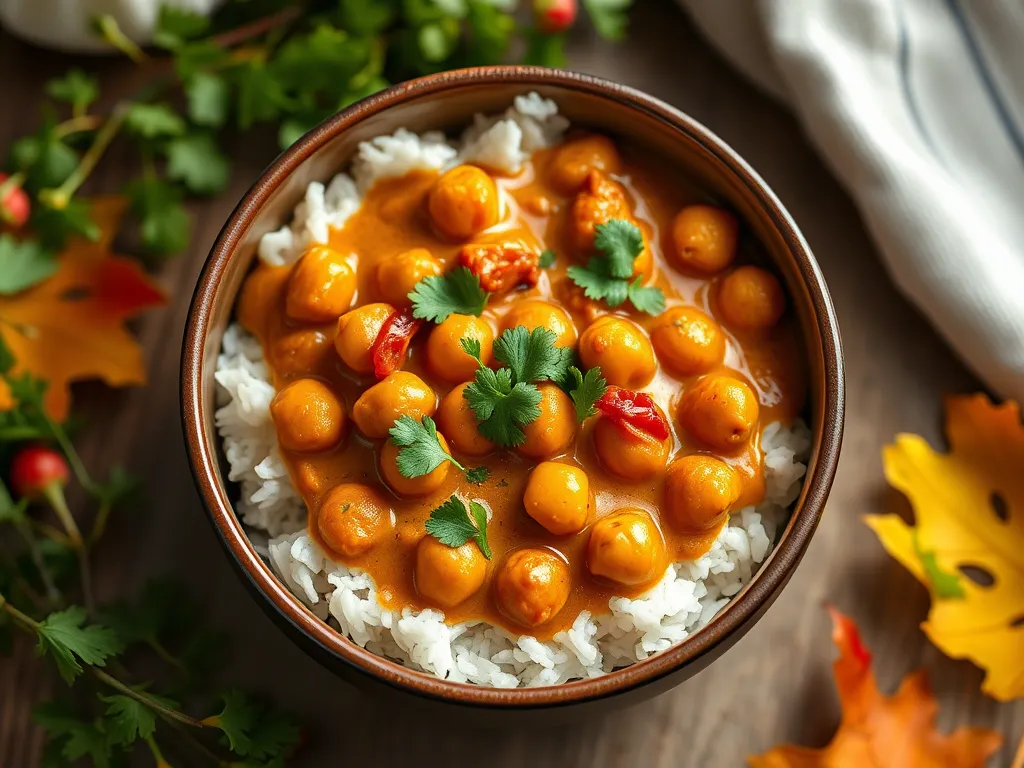 Delicious 2-Minute Microwave Chickpea Tikka Masala served over rice.