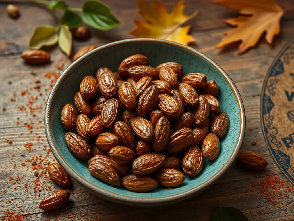Bowl of quick microwave chili lime almonds on a wooden table with leaves