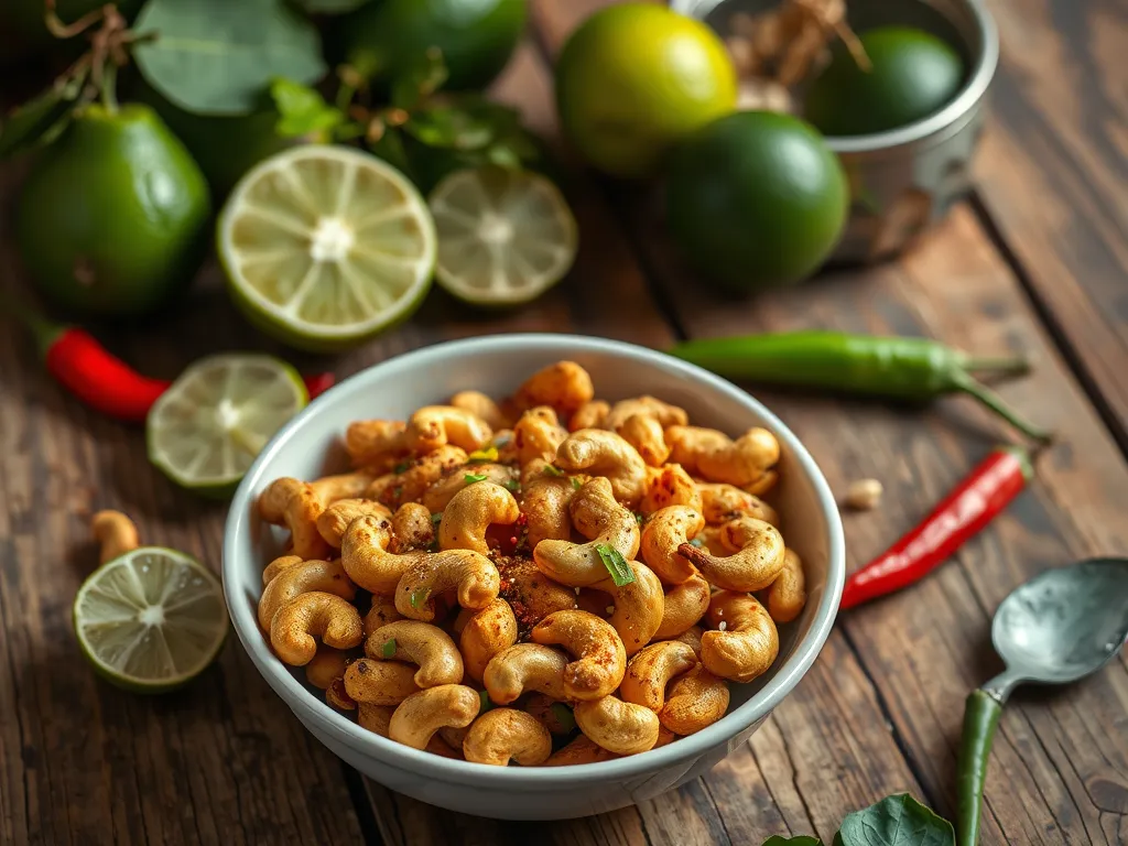 Bowl of quick microwave chili lime cashews surrounded by limes, chili peppers, and spices.