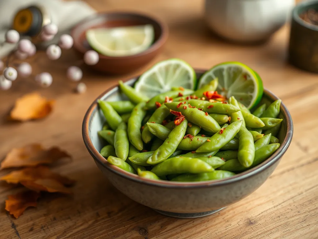 Bowl of quick microwave chili lime edamame garnished with lime and chili flakes