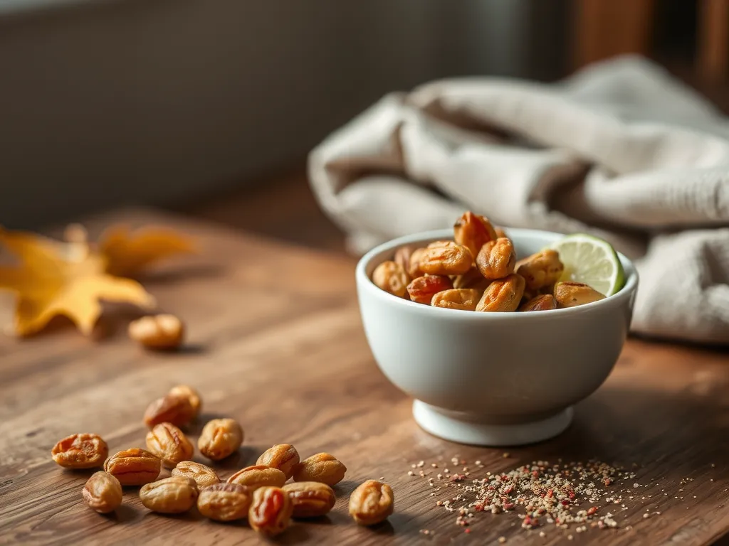 Bowl of quick microwave chili lime nuts on a wooden table