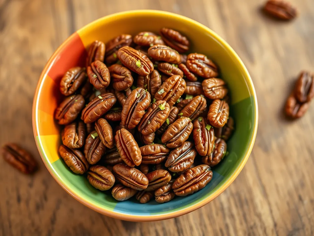 Bowl of quick microwave chili lime pecans, showcasing tasty and crunchy nuts.