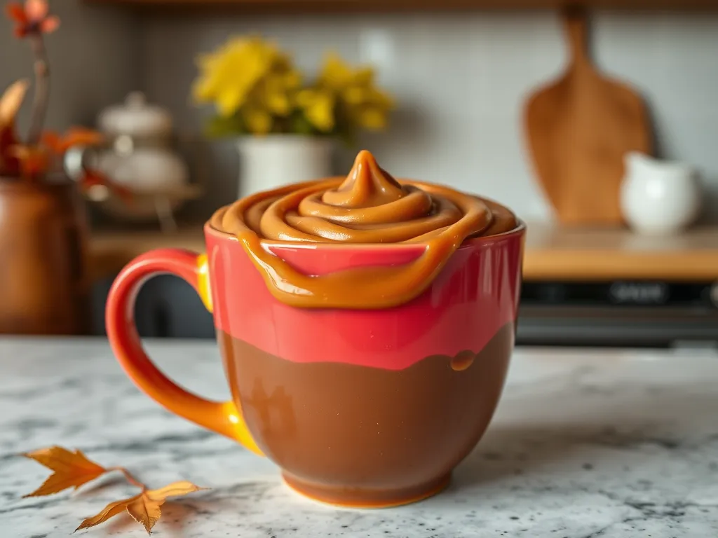 Delicious microwave chocolate caramel cake topped with rich caramel frosting in a colorful mug