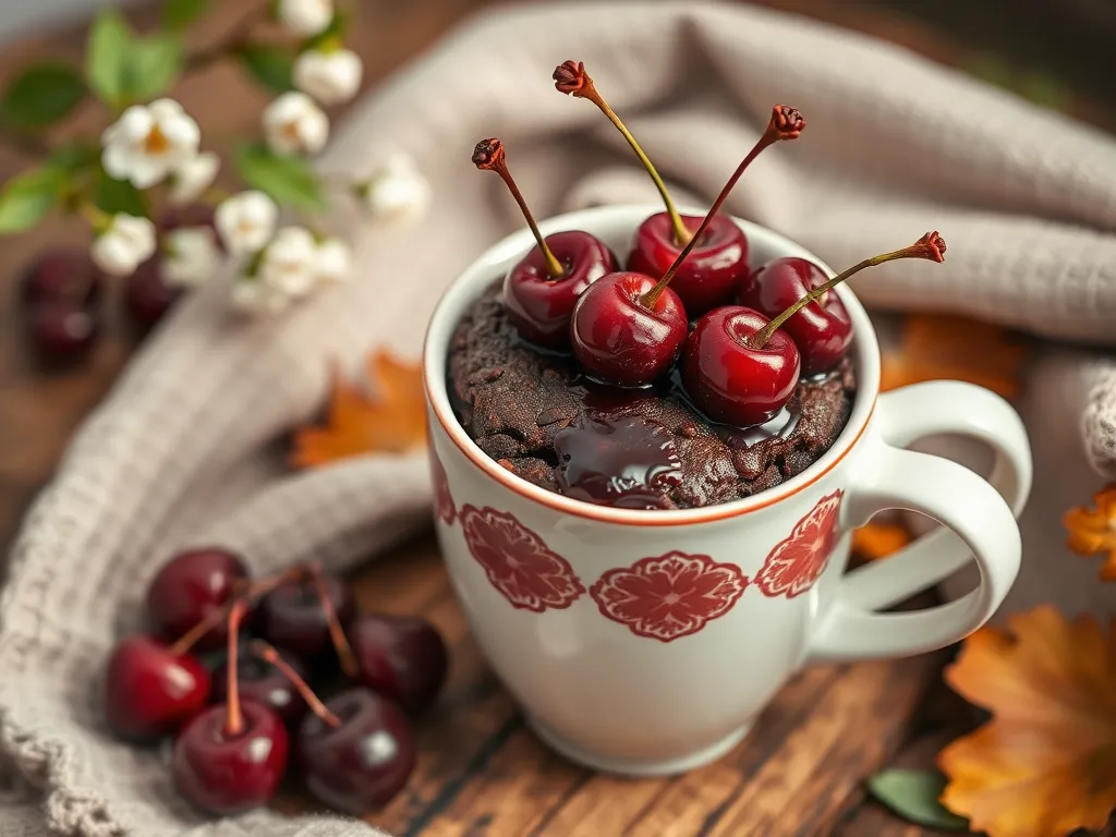 A rich microwave chocolate cherry cake topped with fresh cherries in a white mug.