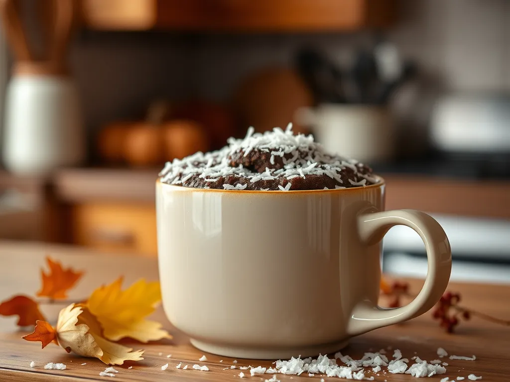 Delicious microwave chocolate coconut cake topped with shredded coconut in a cozy kitchen setting