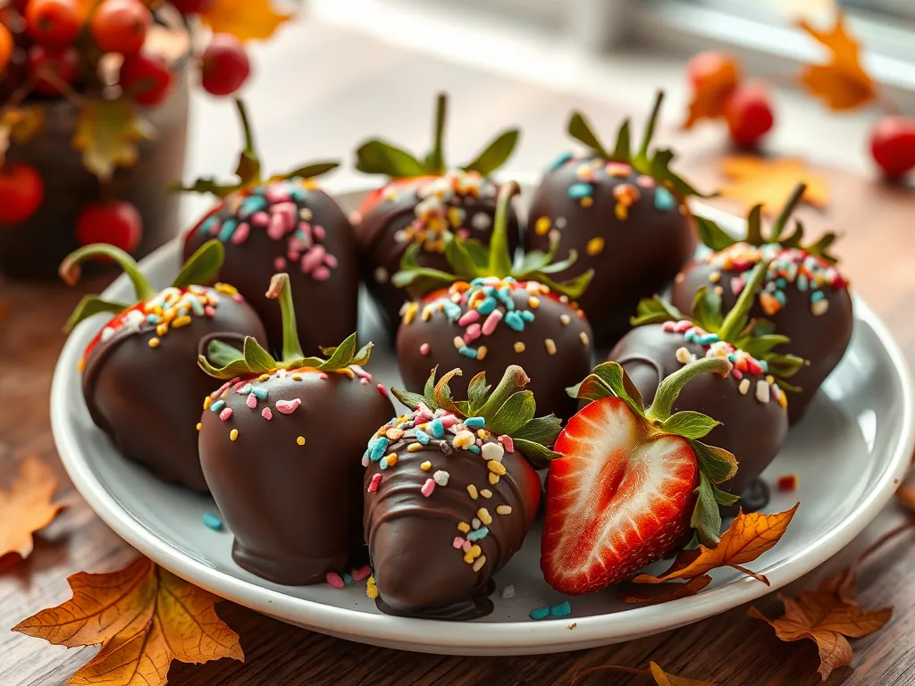 Plate of chocolate-covered strawberries with colorful sprinkles, perfect for a quick dessert.