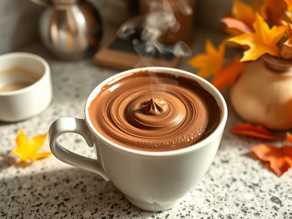Close-up of a steaming chocolate hazelnut mug made in a microwave