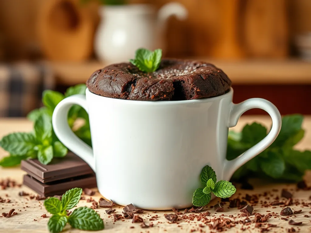 Delicious microwave chocolate mint cake in a white mug with mint leaves and chocolate pieces