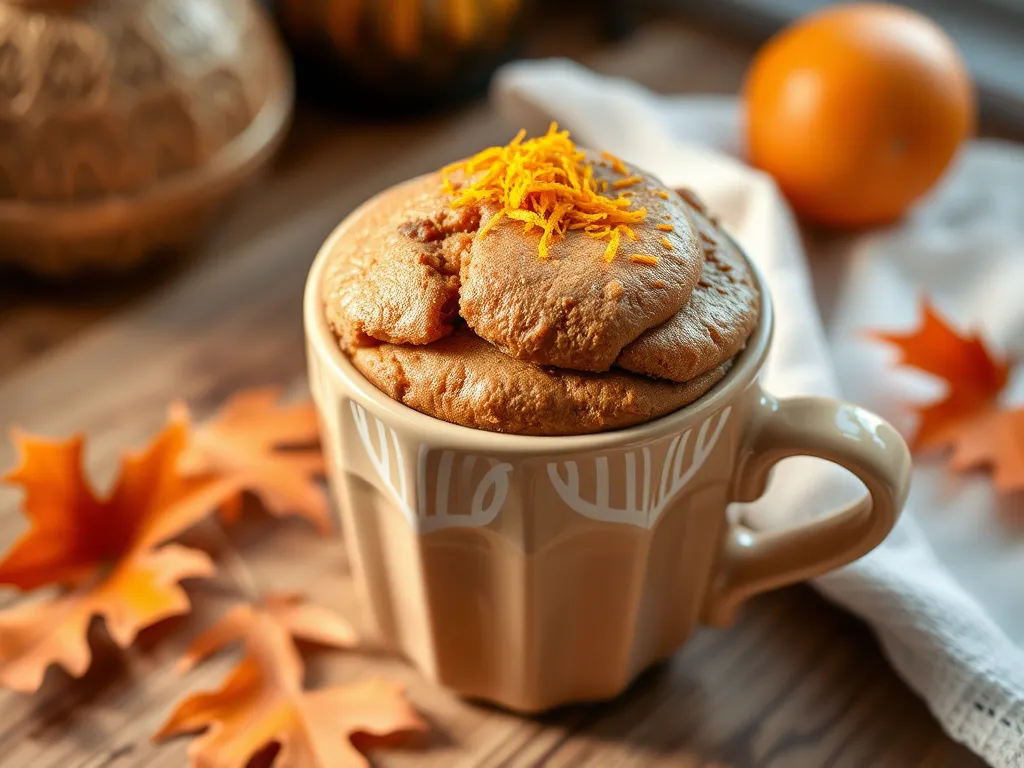 Delicious microwave chocolate orange cake in a mug topped with orange zest