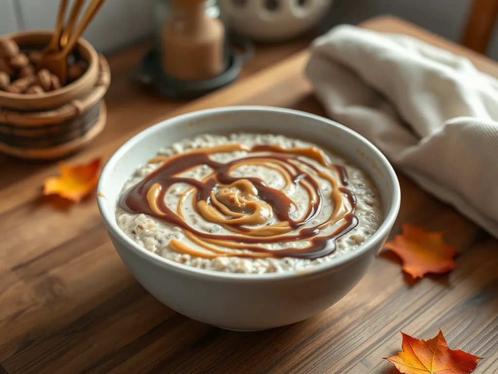 Bowl of creamy chocolate peanut butter oats prepared in a microwave