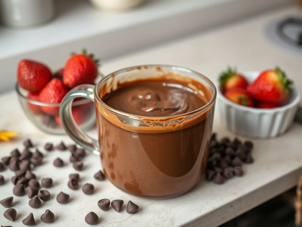 Delicious chocolate mixture for microwave chocolate strawberry cake with fresh strawberries.