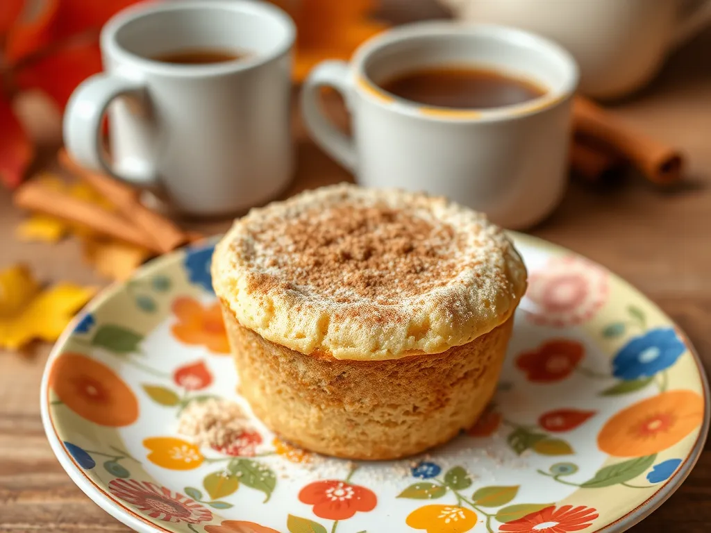 A fluffy microwave churro mug cake served on a floral plate with coffee in the background