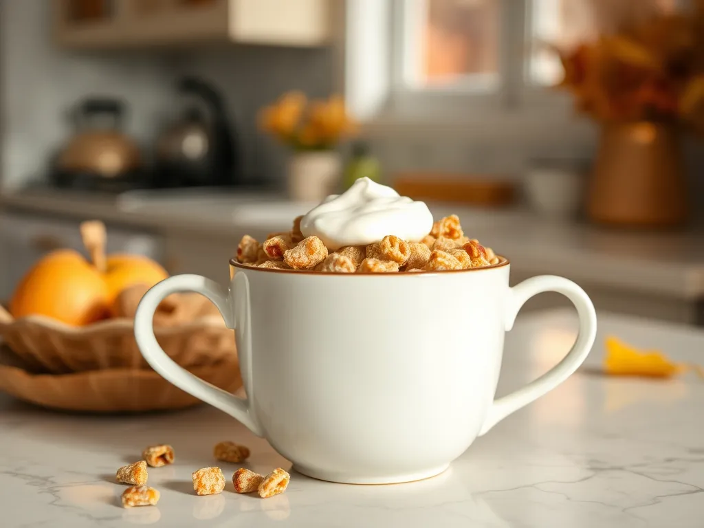 Delicious microwave cinnamon apple mug cereal topped with whipped cream, perfect for quick breakfasts.