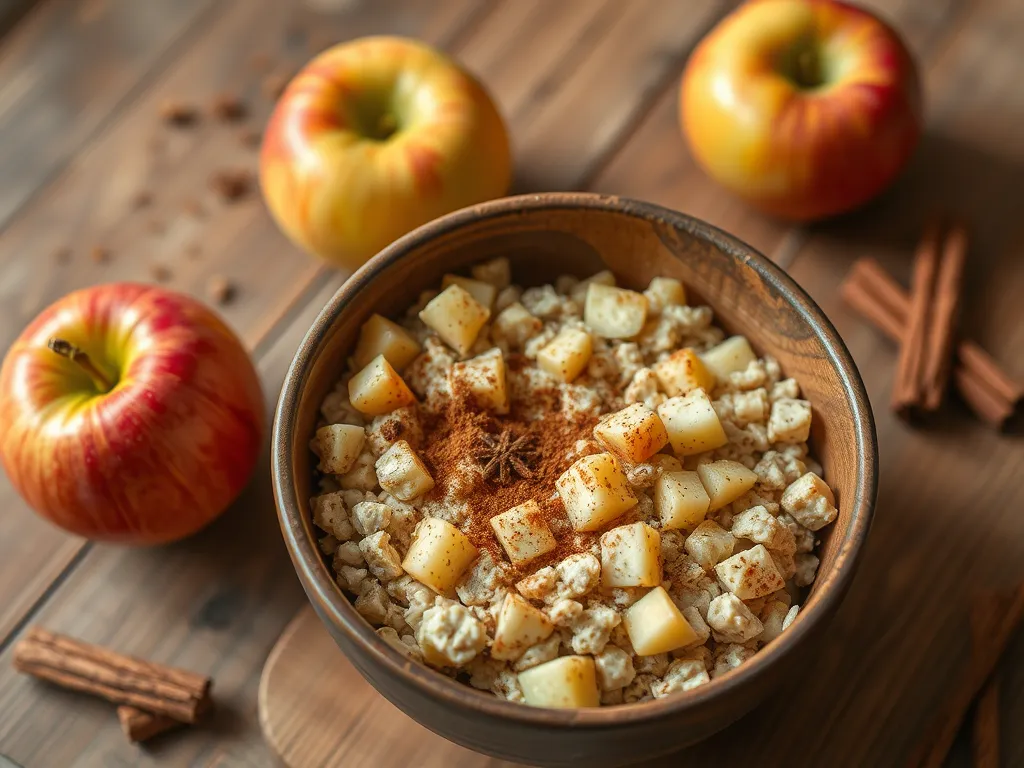 Delicious bowl of microwave cinnamon apple oats topped with fresh apple chunks and cinnamon.