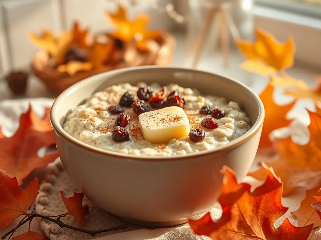 Bowl of microwave cinnamon raisin oats topped with butter and raisins, surrounded by fall leaves.