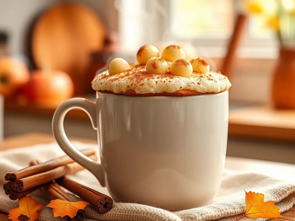 Delicious 2-Minute Microwave Cinnamon Roll Mug Cake topped with creamy frosting and decorative balls