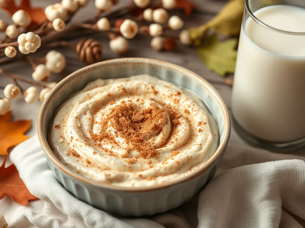 Bowl of microwave cinnamon swirl oats topped with cinnamon and accompanied by a glass of milk