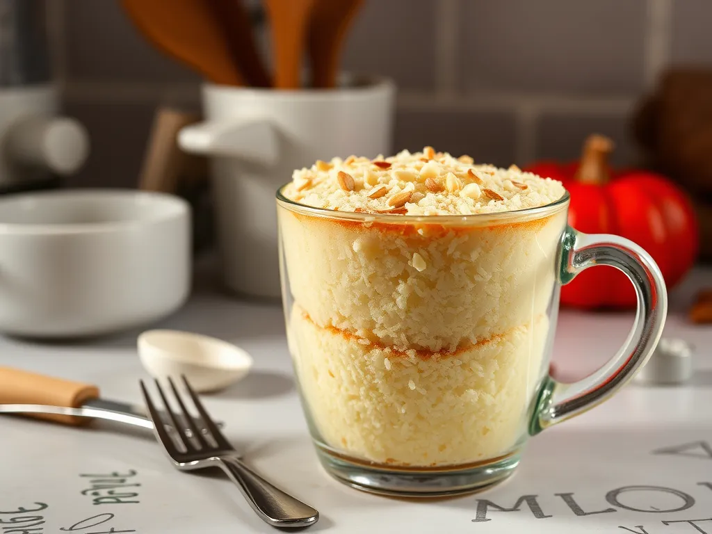 Delicious microwave coconut almond cake served in a glass mug