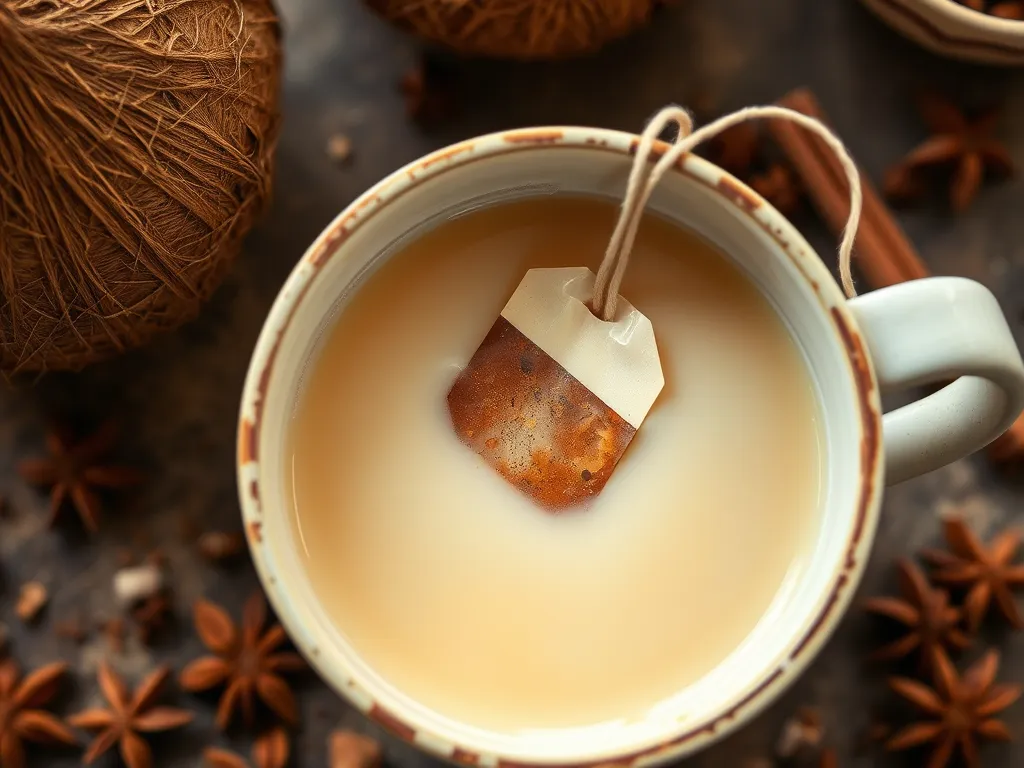 Coconut chai tea steeping in a cup, perfect for pairing with microwave coconut chai cake.