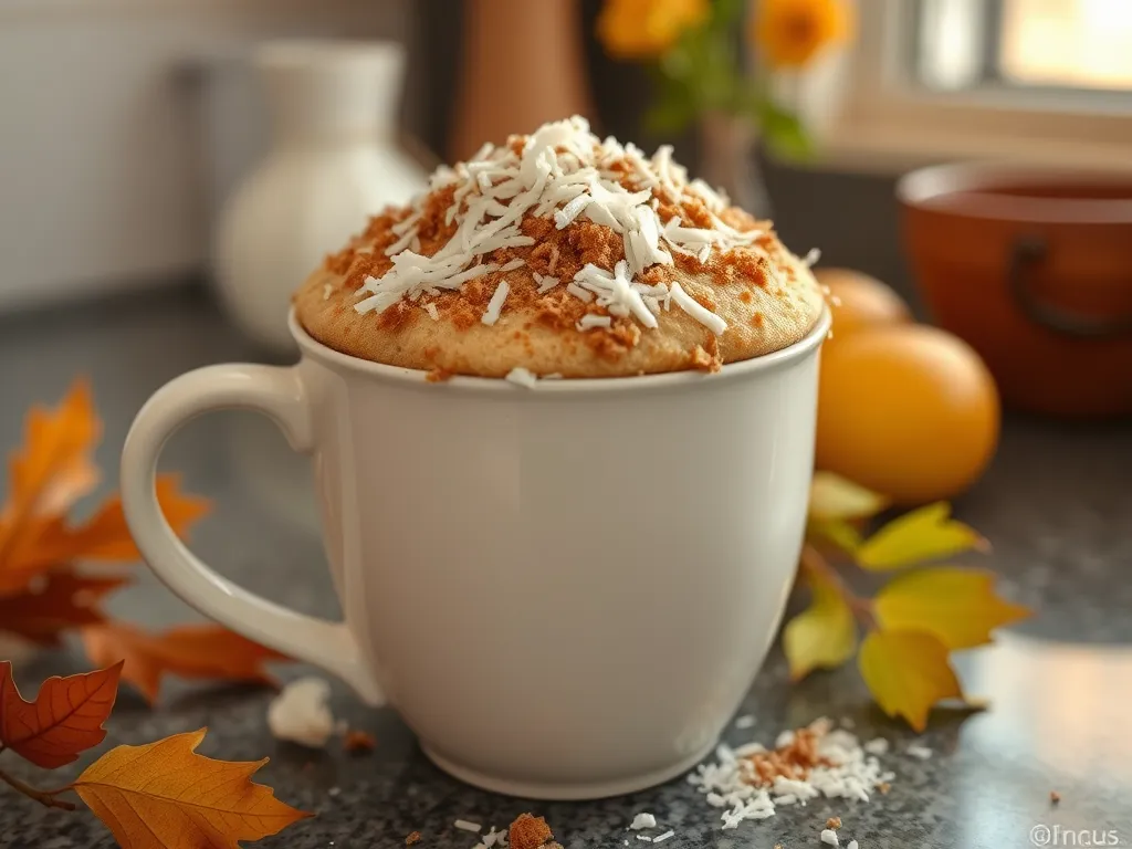 Delicious microwave coconut coffee cake topped with shredded coconut and crumbs.